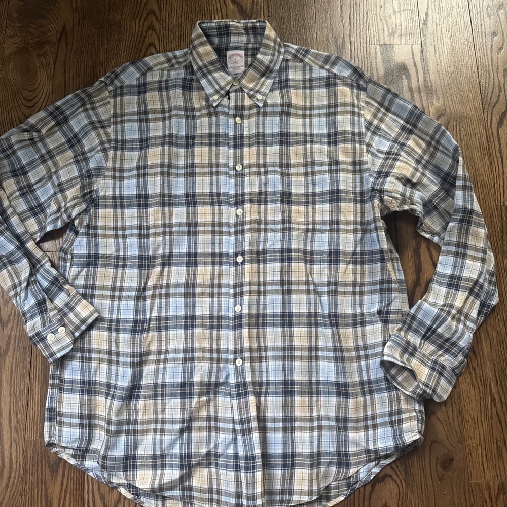 Brooks Brothers 346 100% Linen Plaid Button Front Shirt Men's L Blue Tan